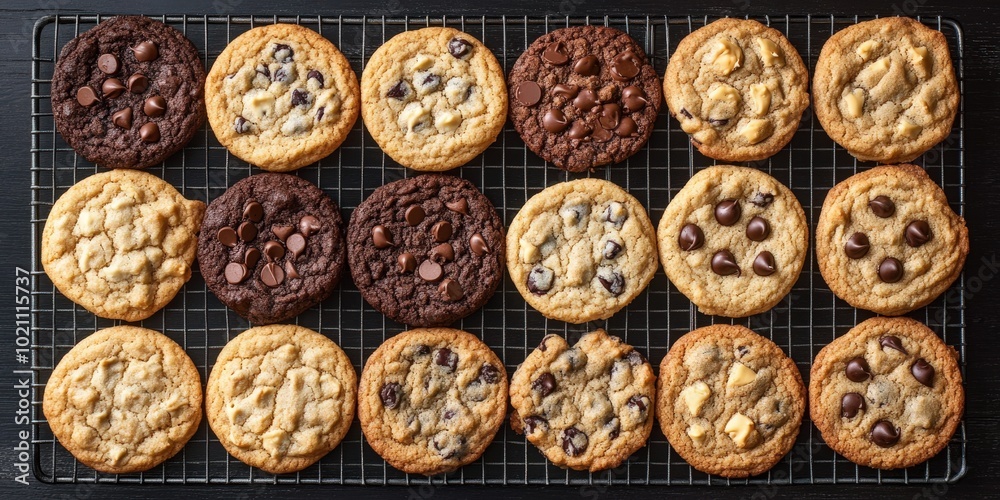 A variety of freshly baked cookies with chocolate, nuts, and raisins on a cooling rack. A variety of freshly baked cookies with chocolate, nuts, and raisins on a cooling rack.