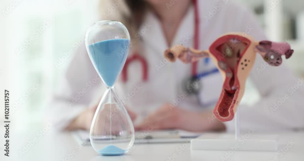 Model of an hourglass and uterus at gynecologist doctor