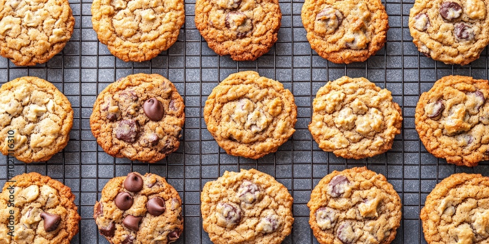 Fototapeta premium Freshly baked chocolate chip cookies on a cooling rack, golden and crispy.