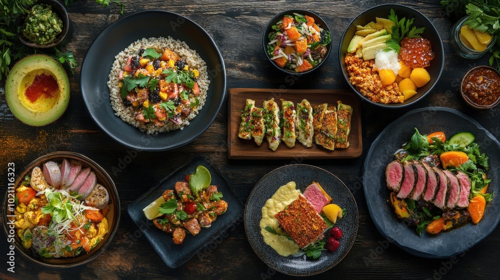 A vibrant display of gourmet dishes featuring a variety of fresh ingredients and colorful presentation. A vibrant display of gourmet dishes featuring a variety of fresh ingredients and colorful presentation.
