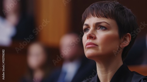 A stocky white female judge with short hair, listening carefully to arguments in a high-profile trial. photo