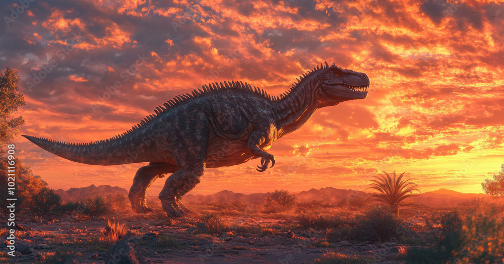 Fototapeta premium A Iguanodon standing tall, its thumb spikes visible as it prepares to defend itself, the dramatic colors of the sunset creating a striking backdrop in the desert.