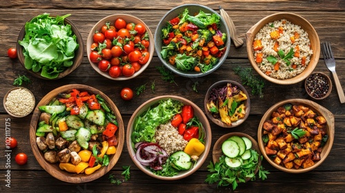 A vibrant assortment of healthy salads and vegetables on a rustic wooden table.