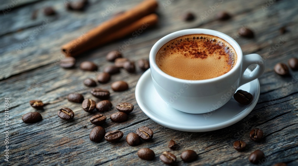 Aromatic Espresso Served on Rustic Wooden Table with Coffee Beans Aromatic Espresso Served on Rustic Wooden Table with Coffee Beans