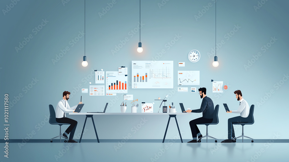 Three professionals working diligently at a modern office workspace, analyzing data and collaborating on projects. Three professionals working diligently at a modern office workspace, analyzing data and collaborating on projects.