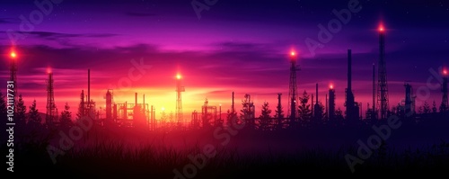 A vibrant sunset over a silhouetted landscape, featuring glowing lights resembling trees or structures against a purple and orange sky.