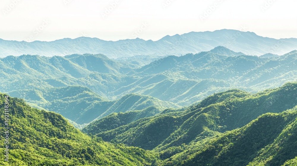 Fototapeta premium Serene Beauty of Unseen Thailand: Stunning Mountain Vista with Layers of Green Hills and Valleys Stretching into the Horizon