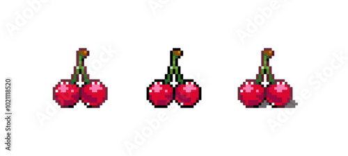 Pixel Art Cherry Icon Vector Illustration. Pink Berries Graphic Isolated Sticker. Retro 8 Bit Cherry for Video Game, Mobile, Web. Food Digital Element. Digital Art Asset