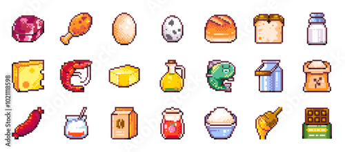 Pixel Art Food For Video Game Assets and Stickers - Meat, Chicken, Egg, Bread, Milk, Cheese, Butter, Oil, Fish, Flour, Sausage, Yogurt, Coffee, Rice. Isolated 8 Bit Grocery Market and Bakery Products.