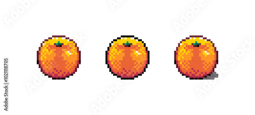 Pixel Art Orange Icon Vector Illustration. Orange Fruit Graphic Isolated Sticker. Retro 8 Bit Orange for Video Game, Mobile, Web. Food Digital Element. Digital Art Asset