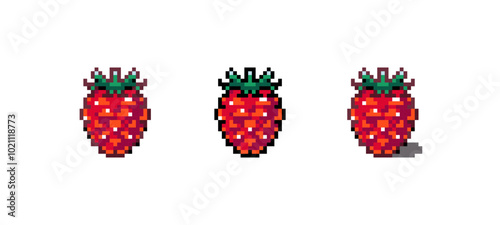 Pixel Art Raspberry Icon Vector Illustration. Red Berry Graphic Isolated Sticker. Retro 8 Bit Raspberry for Video Game, Mobile, Web. Food Digital Element. Digital Art Asset