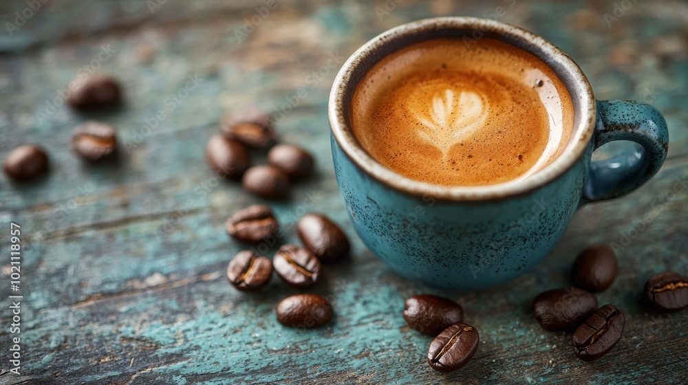 Freshly Brewed Aromatic Coffee with Creamy Foam in a Cozy Ceramic Mug on Rustic Wooden Table Freshly Brewed Aromatic Coffee with Creamy Foam in a Cozy Ceramic Mug on Rustic Wooden Table