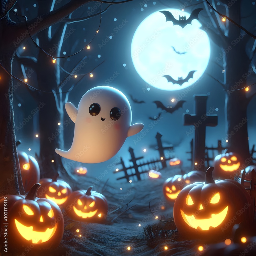Fototapeta premium A 3D scene of a cute ghost character floating around glowing jack-o'-lanterns in a dark night forest. Halloween, spooky season atmosphere.