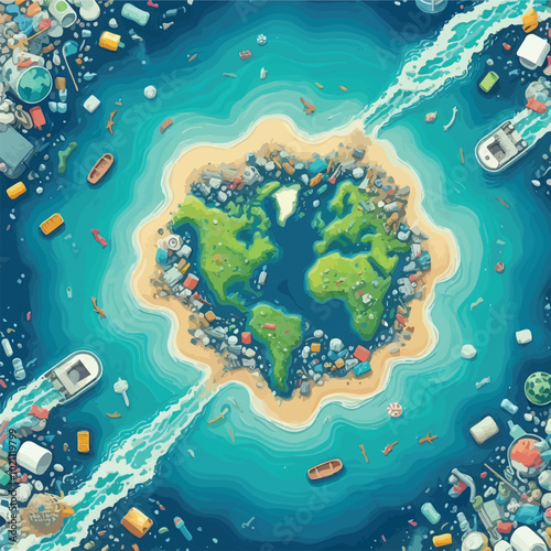 polluted ocean scene, with trash islands made of plastic waste floating vector illustration 