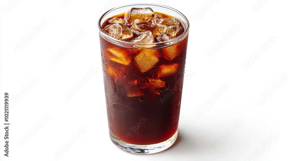 Chilled Brown Carbonated Drink Served with Ice Cubes in Transparent Glass on Tabletop