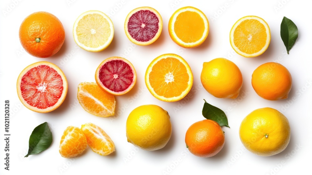 A vibrant assortment of citrus fruits displayed on a white background. A vibrant assortment of citrus fruits displayed on a white background.