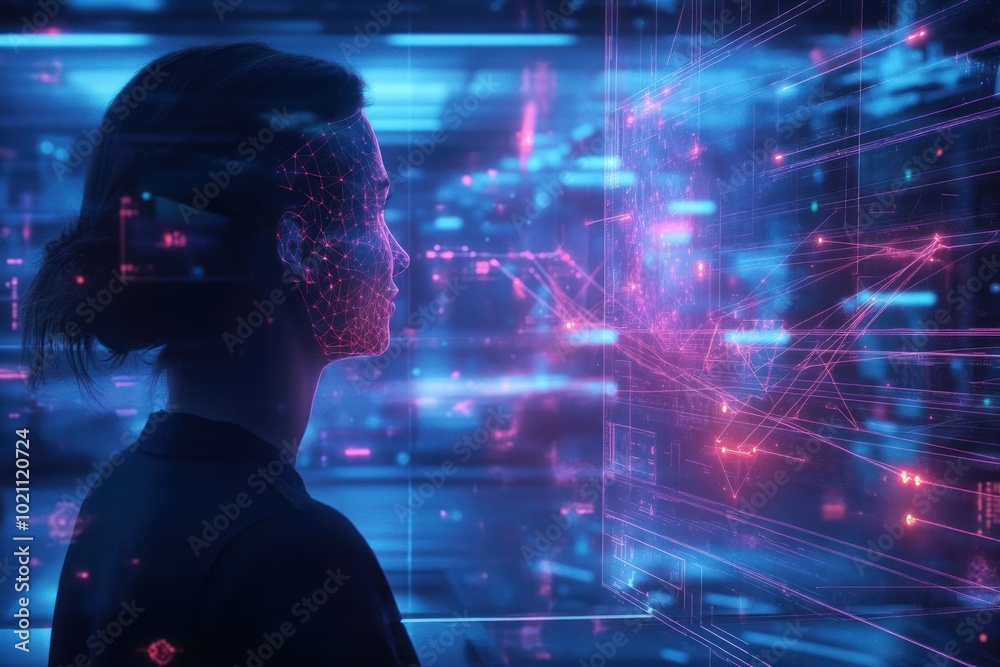 Futuristic scenes show a holographic interface to communicate with a friend remotely, with digital signals connecting the two in different locations, blending modern technology with human interaction. Futuristic scenes show a holographic interface to communicate with a friend remotely, with digital signals connecting the two in different locations, blending modern technology with human interaction.