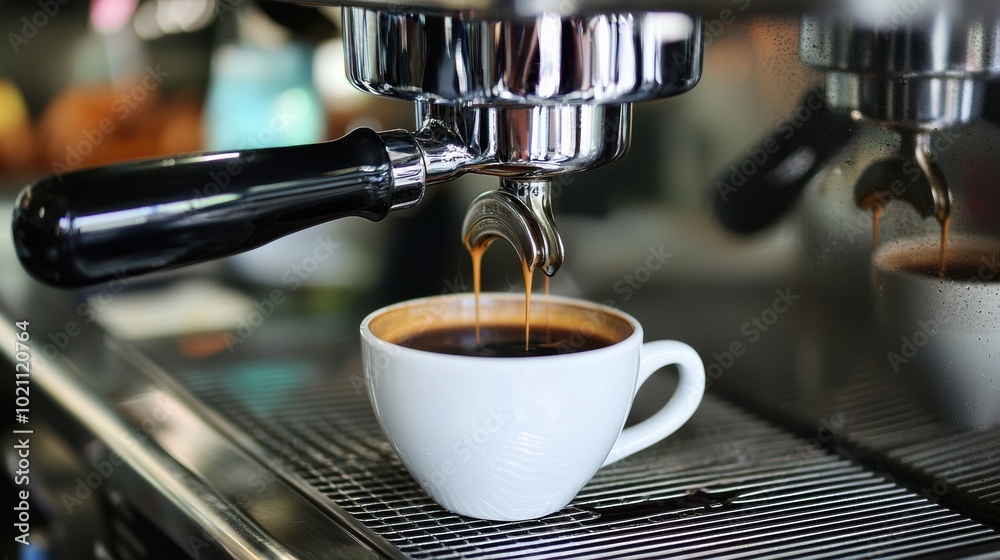 Freshly Brewed Espresso Shot Pouring into a White Cup on a Coffee Machine Freshly Brewed Espresso Shot Pouring into a White Cup on a Coffee Machine