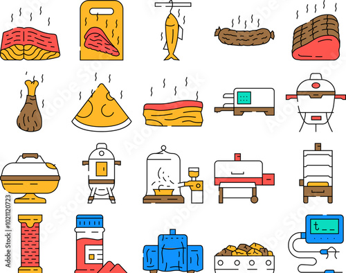 smoked meat bbq icons set vector. grill beef, barbeque cooking, food brisket, pork steak, charcoal board, fire, smoker smoked meat bbq color Contour Illustrations