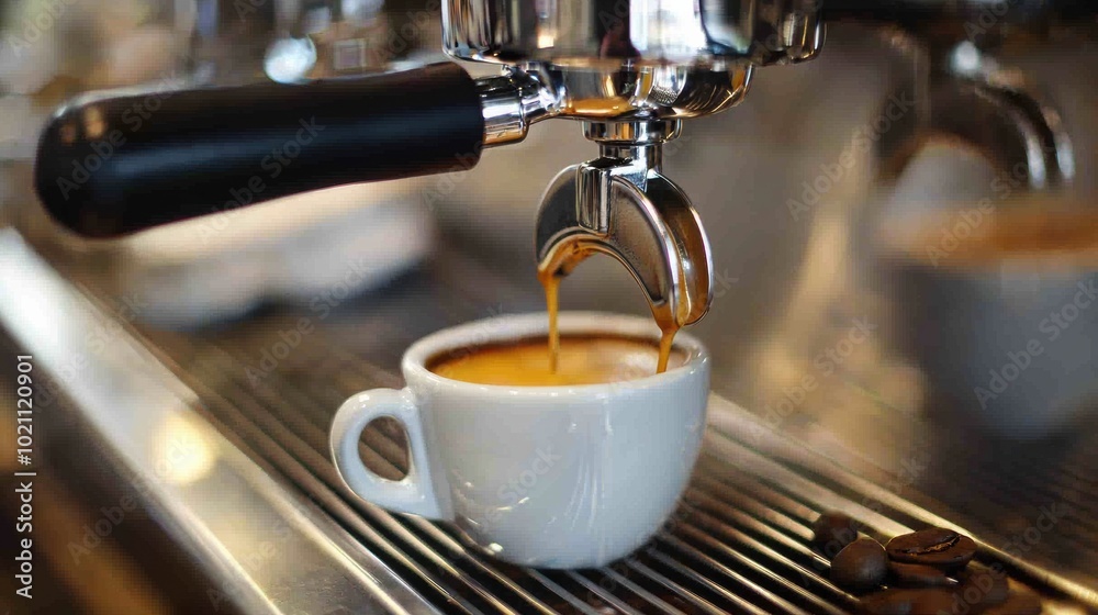 Freshly Brewed Espresso Shot Poured Into a White Cup on a Cafe Counter Freshly Brewed Espresso Shot Poured Into a White Cup on a Cafe Counter
