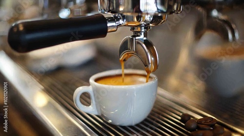 Freshly Brewed Espresso Shot Poured Into a White Cup on a Cafe Counter