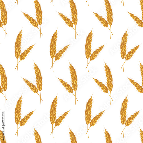 Seamless pattern cereal wheat, oat and barley ears spikelets. For design beer, bread, flour packaging. Symbols for healthy natural farming food, whole organic spikelets elements on white
