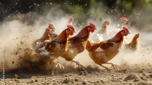 A dynamic scene of running chickens kicking up dust in a lively farmyard setting, showcasing their natural behavior.