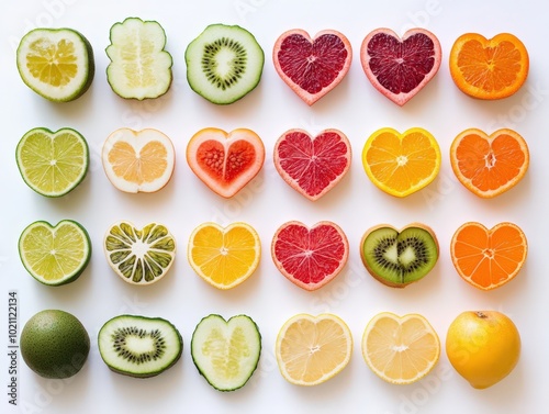 Colorful array of heart-shaped fruits and vegetables arranged on a white background.