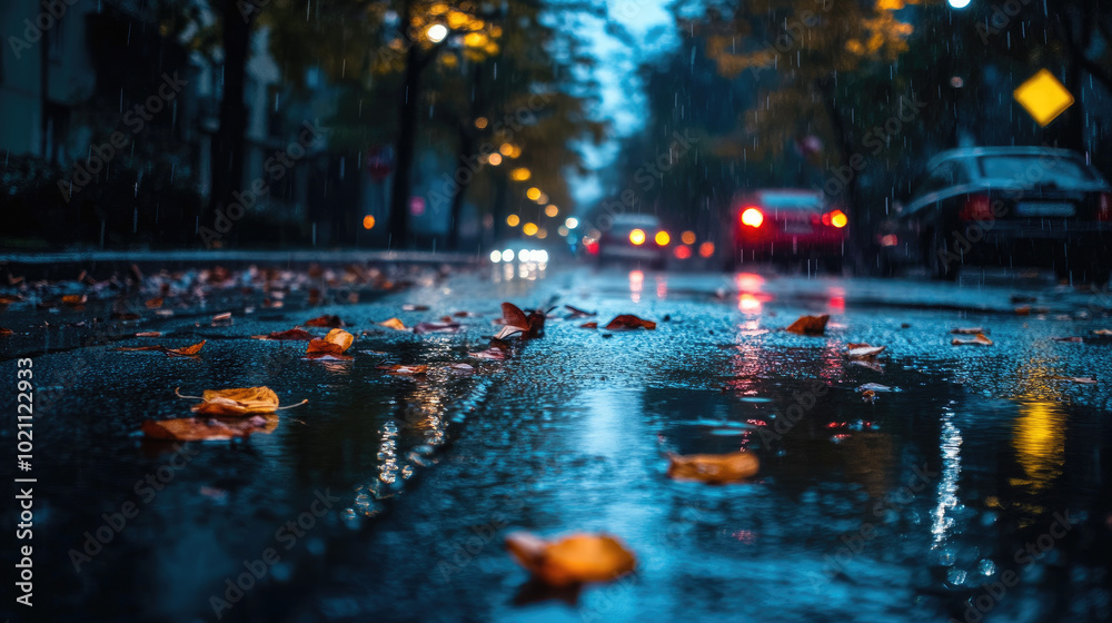 Dark urban street after rain, with wet ground reflecting passing car lights and scattered leaves on the pavement. Dark urban street after rain, with wet ground reflecting passing car lights and scattered leaves on the pavement.