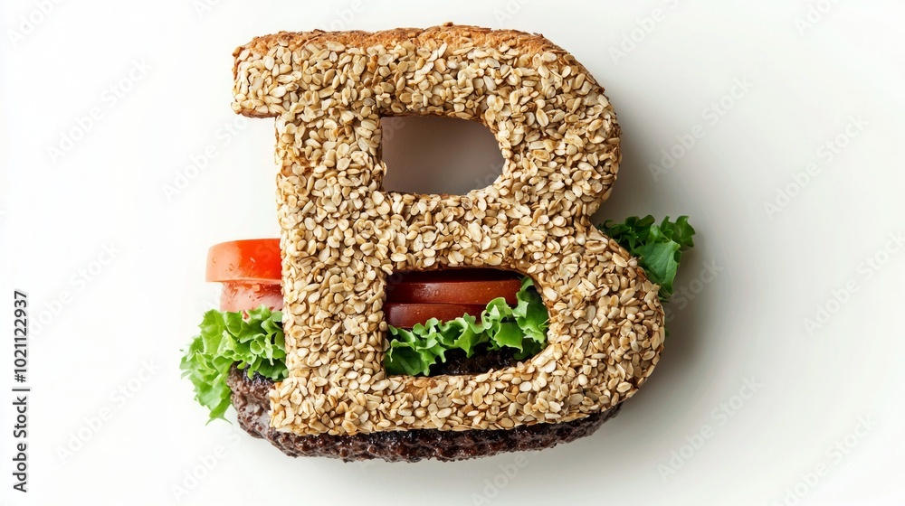 playful interpretation of the Letter B crafted from a hamburger featuring vibrant lettuce and tomatoes all set on a pristine white backdrop perfect for unique culinary presentations. playful interpretation of the Letter B crafted from a hamburger featuring vibrant lettuce and tomatoes all set on a pristine white backdrop perfect for unique culinary presentations.