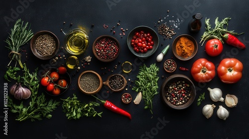 A vibrant assortment of fresh herbs, spices, and vegetables on a dark surface.