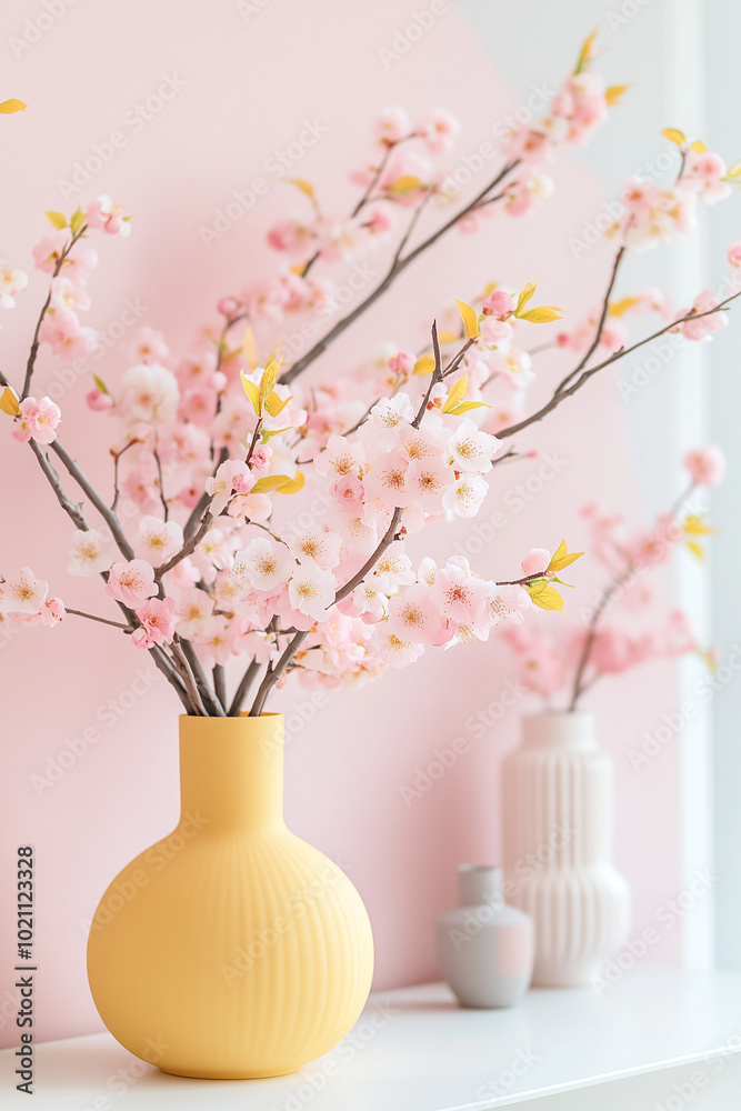 Delicate pink blossoms arranged in a yellow vase against a pale pink background. Delicate pink blossoms arranged in a yellow vase against a pale pink background.