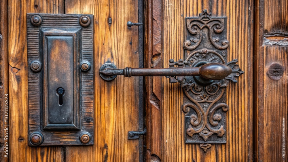 Intricate Metalwork on a Weathered Wooden Door Intricate Metalwork on a Weathered Wooden Door