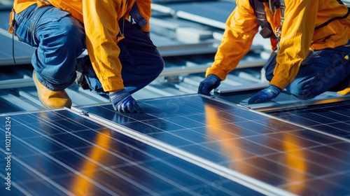 Wallpaper Mural Workers Repairing Solar Panels on Roof for Renewable Energy Production Torontodigital.ca