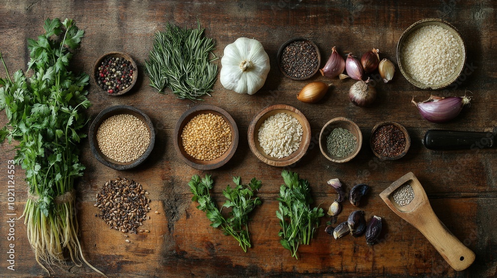 Assorted spices and herbs arranged on a rustic wooden table for a culinary masterpiece. Assorted spices and herbs arranged on a rustic wooden table for a culinary masterpiece.