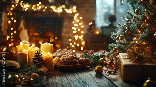 Cozy Christmas setting with candles and treats near decorated tree