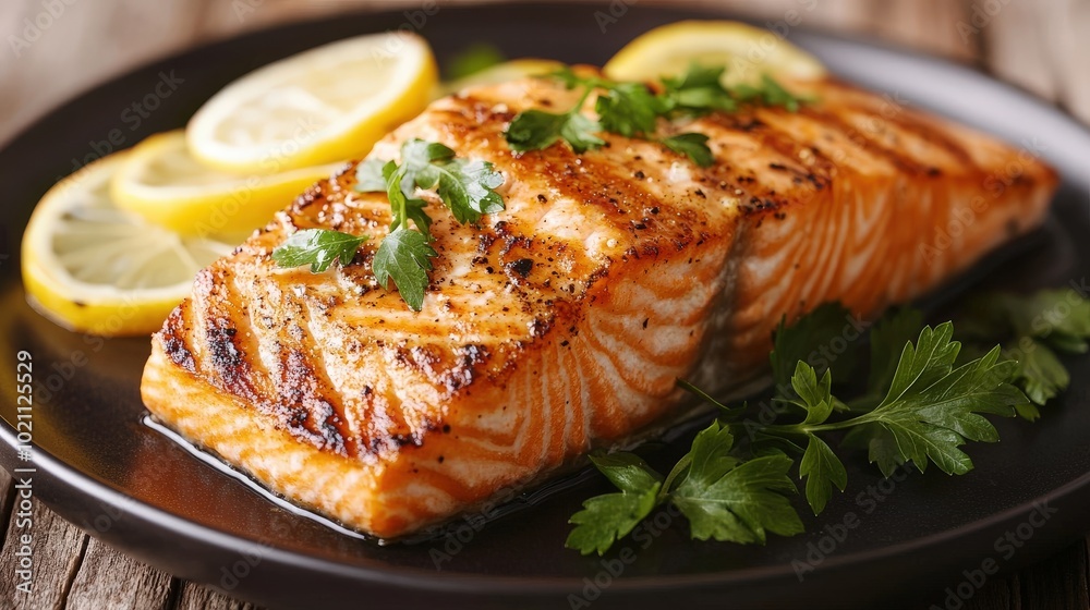 Grilled salmon fillet garnished with fresh herbs and lemon slices on a black plate. Grilled salmon fillet garnished with fresh herbs and lemon slices on a black plate.