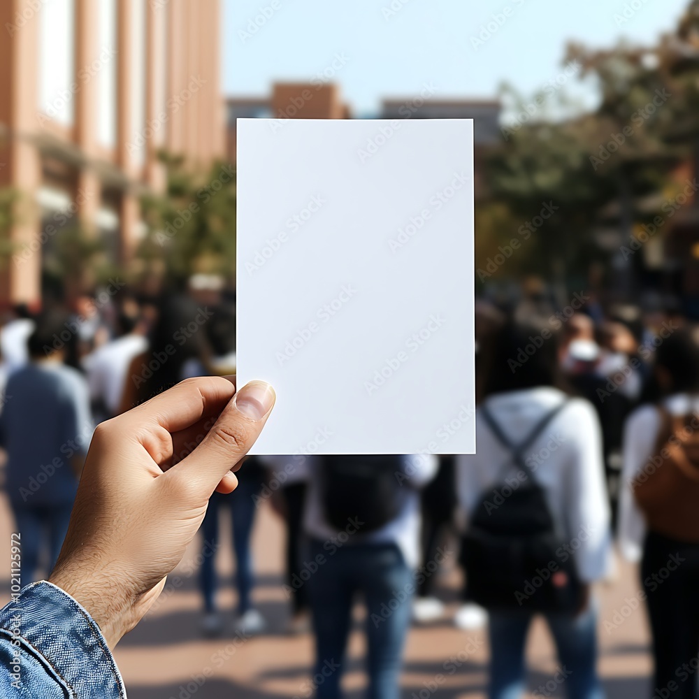 A person holds a blank sheet of paper in front of a crowd, emphasizing a message or call to action. A person holds a blank sheet of paper in front of a crowd, emphasizing a message or call to action.