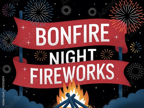 Bonfire Night Fireworks Illustration with Red and White Banners and a Burning Fire photo