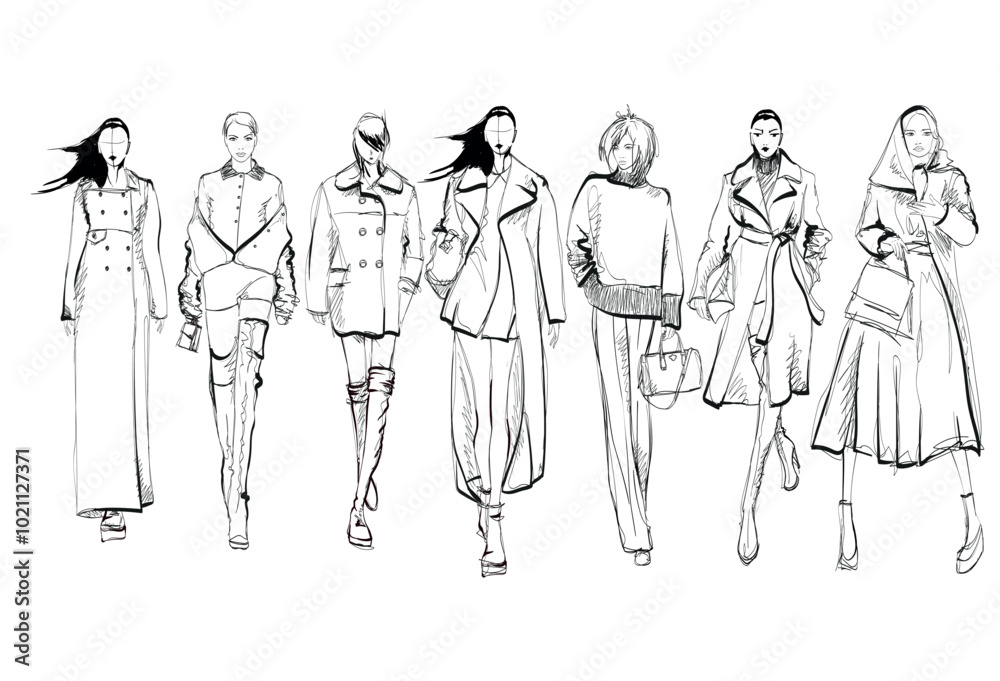 Beautiful young girl in stylish clothes. Fashion woman look. Sale concept. Hand-drawn fashion illustration. Cute girl in fashion clothes. Set of young beautiful women in stylish clothes. Fashion sketc Beautiful young girl in stylish clothes. Fashion woman look. Sale concept. Hand-drawn fashion illustration. Cute girl in fashion clothes. Set of young beautiful women in stylish clothes. Fashion sketc