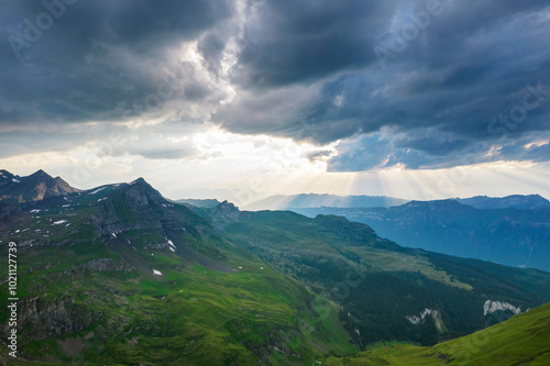 highland panorama of Swiss Alps mountains. Alpine valley Grindelwald. Jungfrau region, Switzerland.