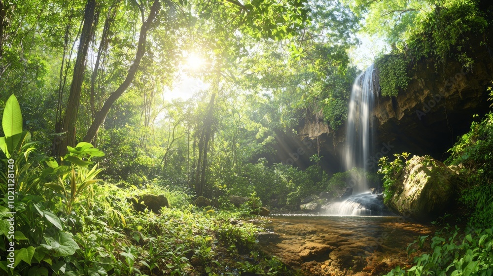 Serene Unseen Waterfall in Thailand: Lush Greenery and Sunlight Streaming Through Foliage, Ultra-Detailed Photography