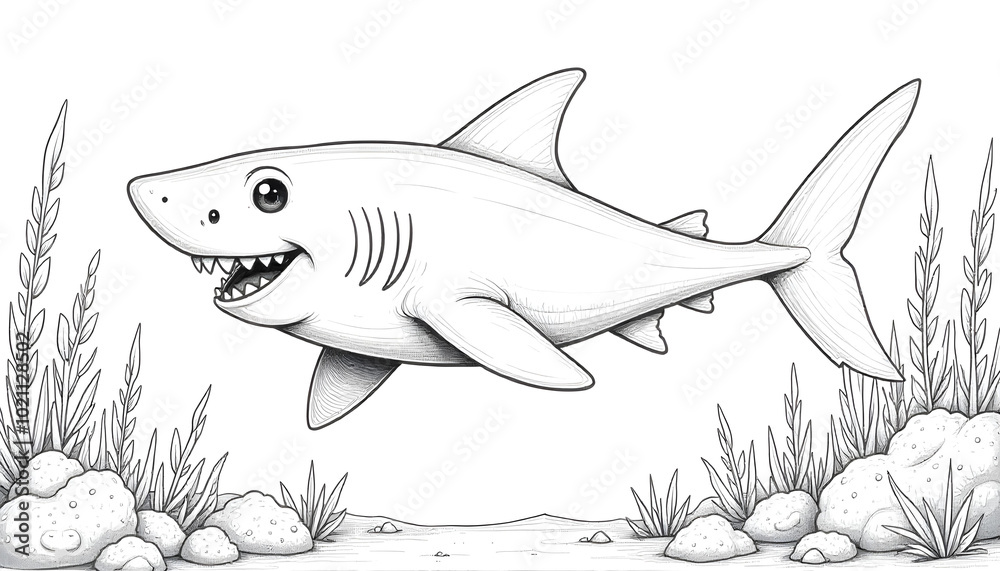 Obraz premium coloring book black and white illustration shark swimming