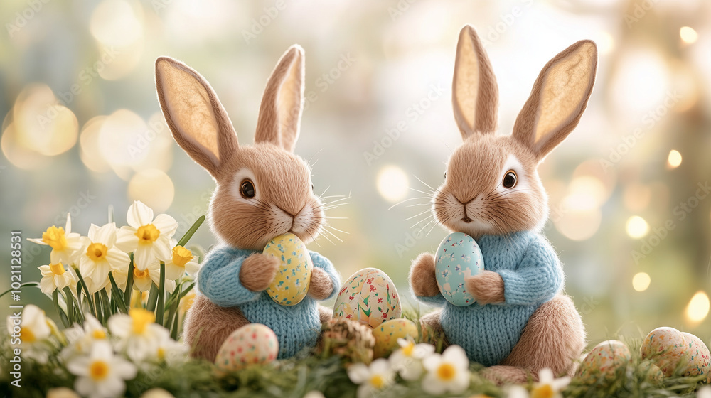 Two adorable bunnies in blue sweaters hold Easter eggs. Two adorable bunnies in blue sweaters hold Easter eggs.
