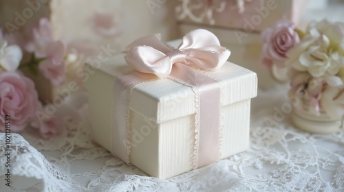 Elegant gift box with pink ribbon surrounded by delicate flowers for romantic occasions or weddings.