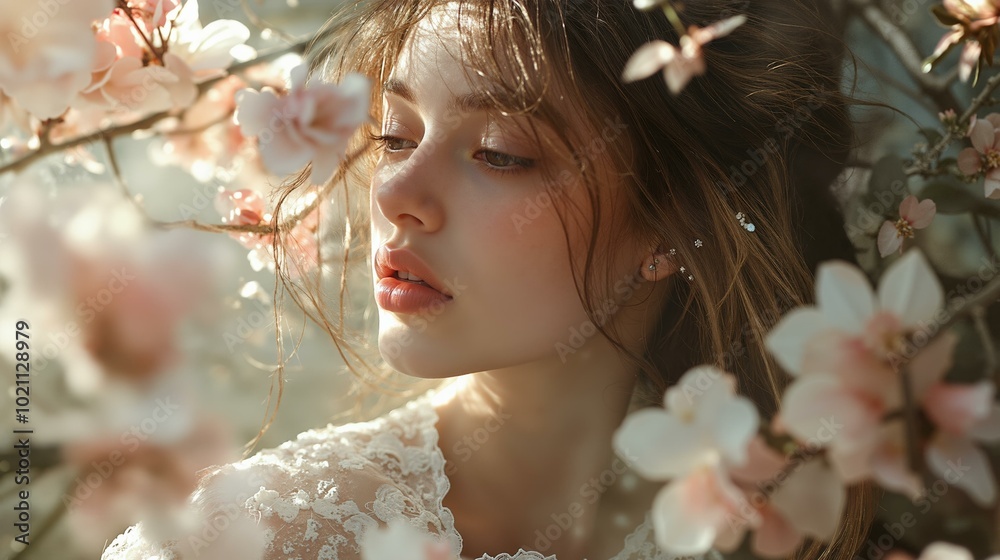 Dreamy portrait of a woman among blossoming cherry flowers in spring. Dreamy portrait of a woman among blossoming cherry flowers in spring.