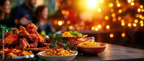 A family gathered around a table filled with traditional Diwali foods, with soft light creating warmth and emphasizing the textures of the dishes