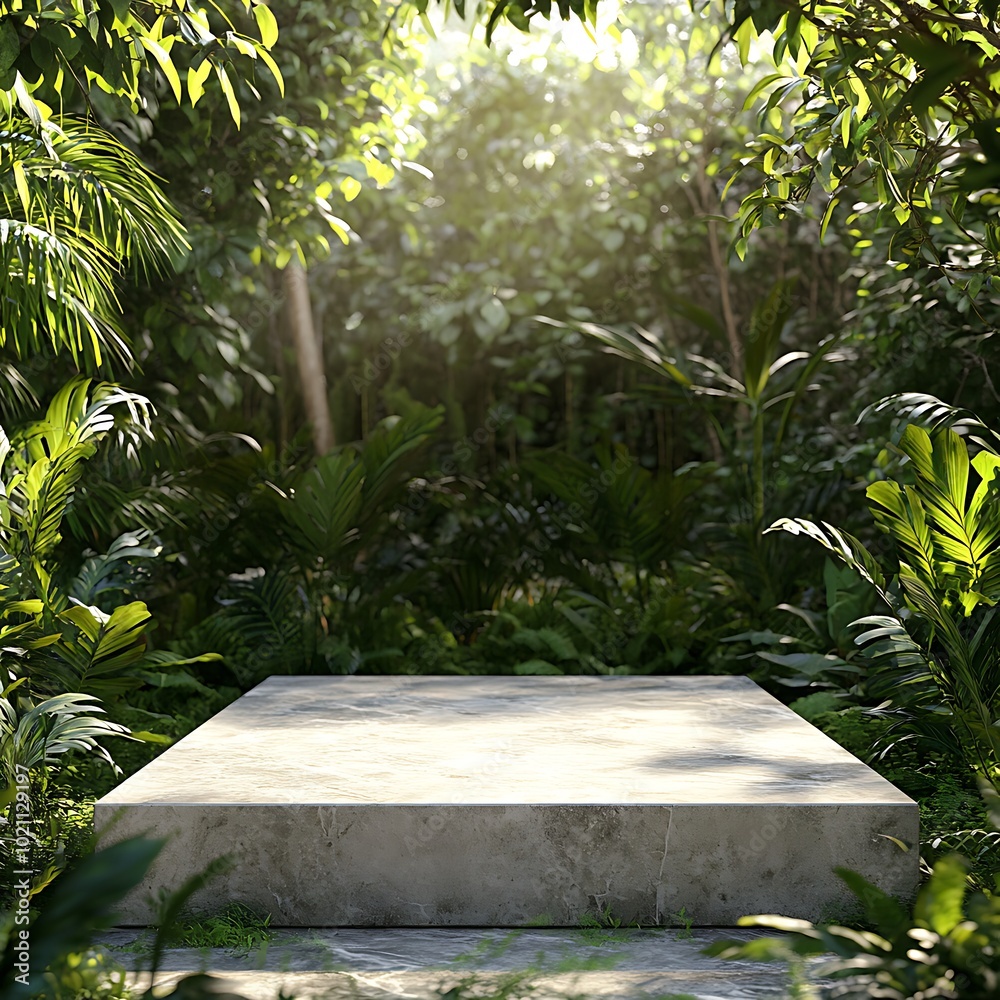 A serene stone platform surrounded by lush greenery, illuminated by soft sunlight. A serene stone platform surrounded by lush greenery, illuminated by soft sunlight.