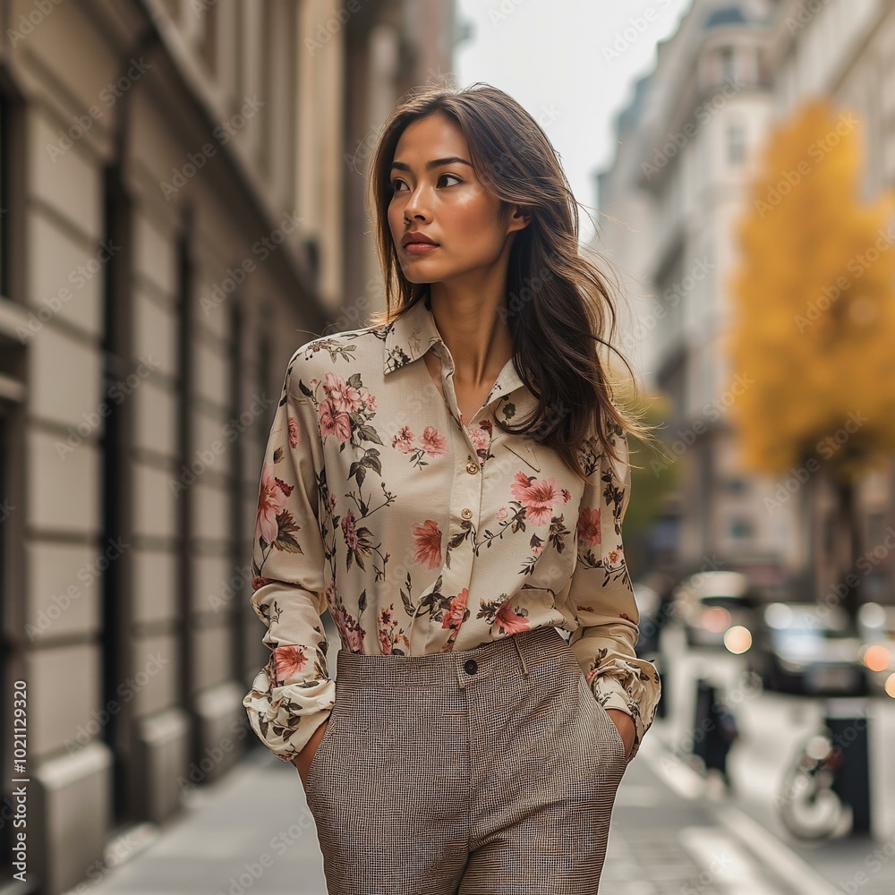Elegant urban fashion scene with stylish woman in floral blouse on city street. Elegant urban fashion scene with stylish woman in floral blouse on city street.