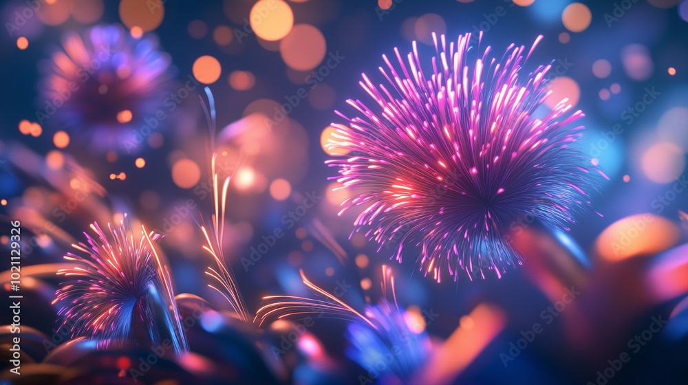 Purple and orange firework bursts against a dark blue background. Purple and orange firework bursts against a dark blue background.